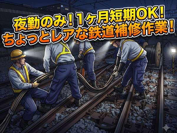 「山形人材」 【夜勤:鉄道ケーブル引き】★補助作業だから未経験の方も大歓迎! ★面接後、7/30~勤務スタート! 長期的&継続的にお仕事があり!同じ現場で勤務できますよ♪
