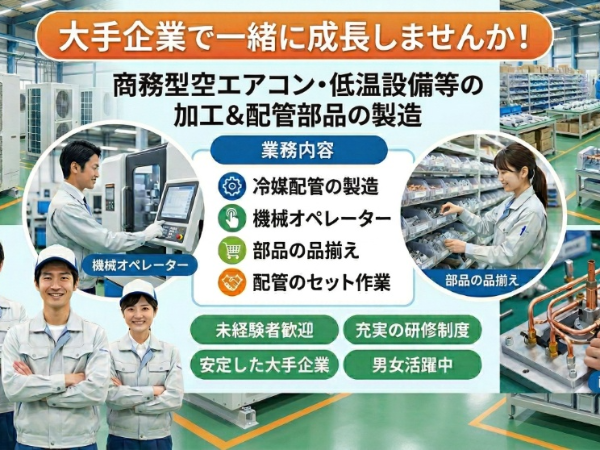 【派遣】大手安定企業での業務用空調機・低温機器・関連部品の組立および製造業務