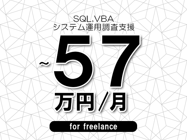 【 52~57万円/フリーランス】<SQL,VBA│システム運用調査支援>◆完全週休2日制 ◆年間休日120日以上 ◆出張費用別途支給