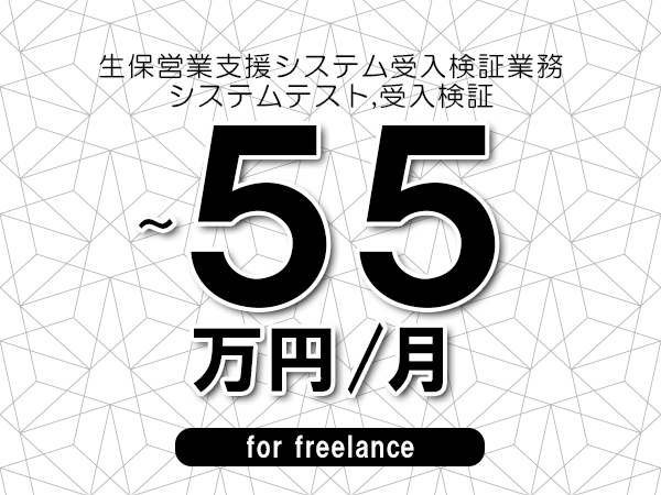【45～55万円／フリーランス】＜システムテスト,受入検証/生保営業支援システム受入検証業務＞◆完全週休2日制　◆年間休日120日以上　◆出張費用別途支給