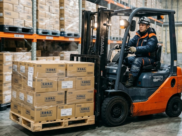 倉庫内で冷凍そばおよびうどんの仕分け出荷作業