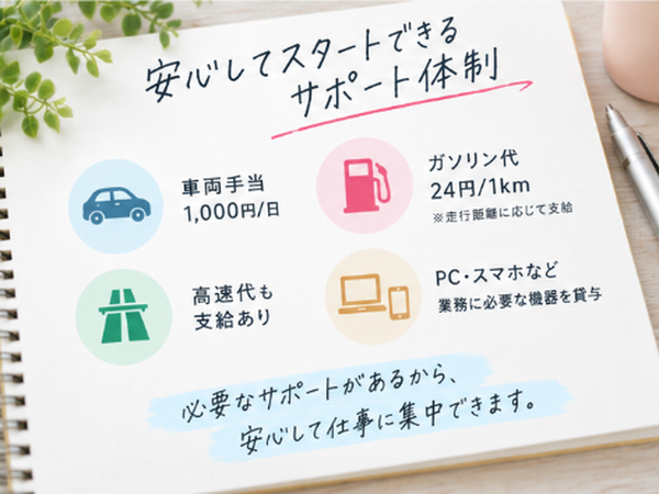 車両手当・ガソリン代に加え、高速道路を
利用した際の高速代も支給します。