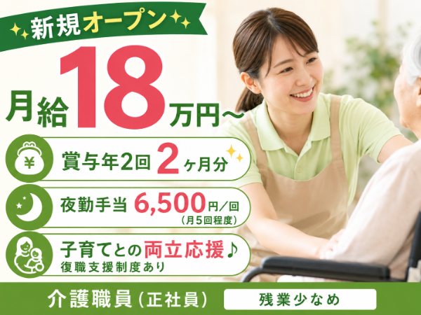 【新規オープン/月給18万円~/夜勤手当6500円/残業少なめ】子育てとの両立応援♪ 介護職員 S-0893