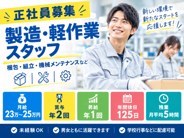 製造・軽作業スタッフ|梱包・組立・機械メンテナンス|年間休日125日