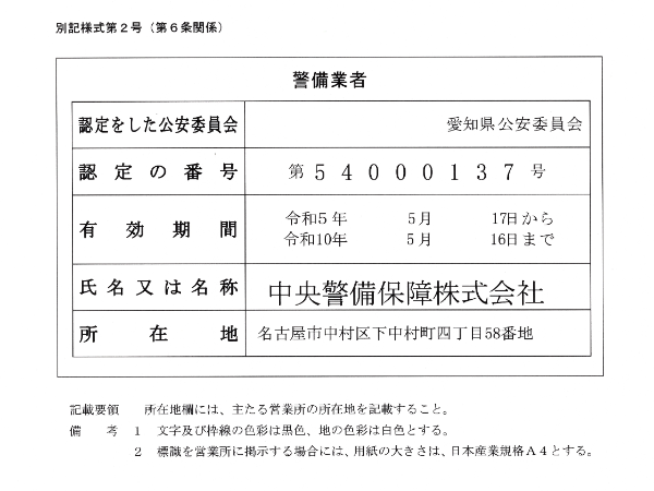 警備業法に基づく標識の掲示