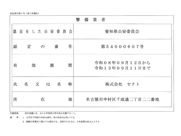 警備業法に基づく標識の掲示