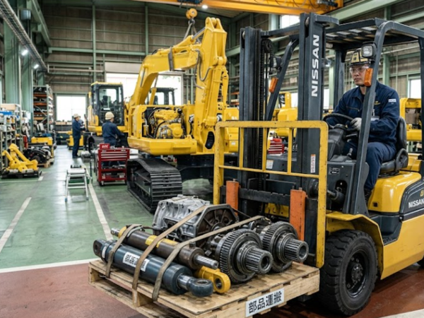建設用車両の各部品のフォークリフト運搬業務時給1700円以上/高時給で稼げる/完全土日祝休み/年間休日125日/日勤固定/空調完備/美味しい食堂あり