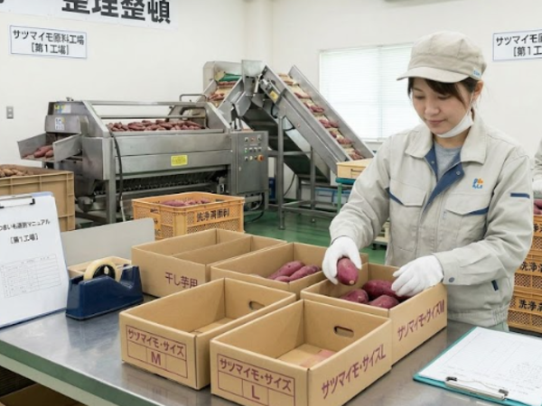 サツマイモ（干し芋・焼き芋原料）の洗浄・選別・箱詰め・出荷業務