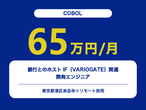 ★【~65万円/フリーランス】≪COBOL≫銀行とのホストIF（VARIOGATE）関連の開発エンジニア※30～50代活躍中!!